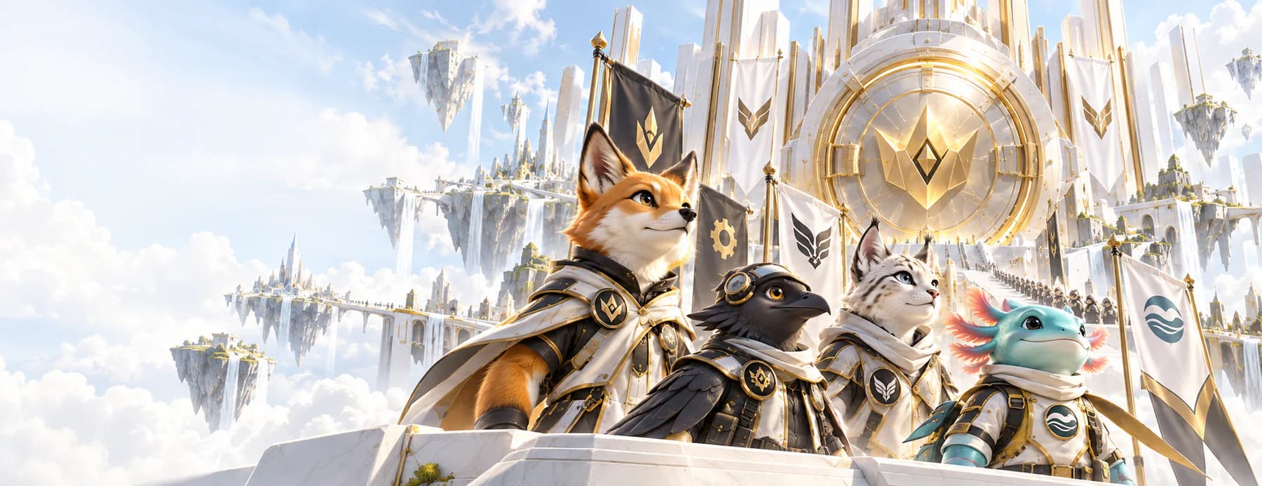 Original CLASH world with four mascot clans approaching a monumental white and gold digital Vault